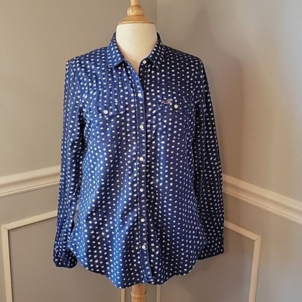 HOLLISTER Blue White Polka Dot Long Sleeve Button Up Preppy Casual Shirt Top M